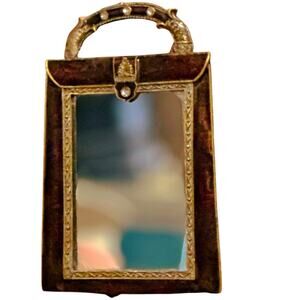 Vintage Handbag-Shaped Vanity Mirror – Ornate Enamel & Pearl Accents